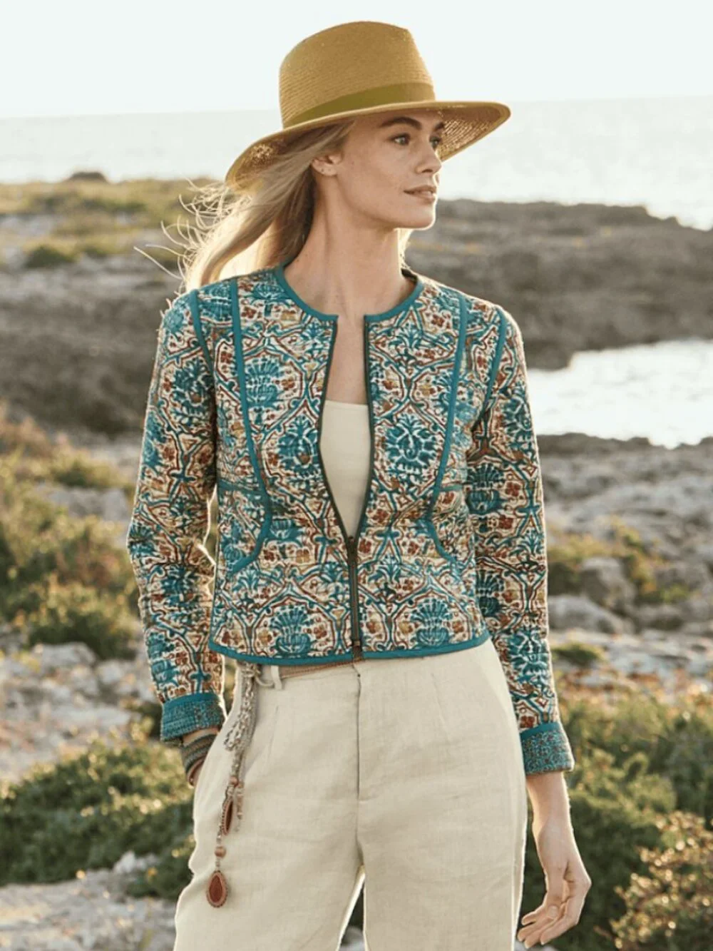 Peruvian Connection Anya Reversible Jacket Block Print Floral Zip L